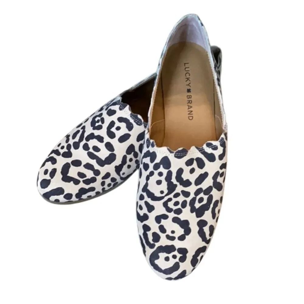 Lucky Brand Cloeey Scalloped Leopard Print Suede Flat Loafer 6 1/2 leather upper